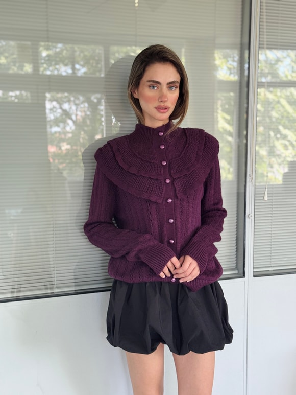 Retrobird Maisie Fırfır Detaylı İnci Düğmeli Mürdüm Rengi Triko Hırka
