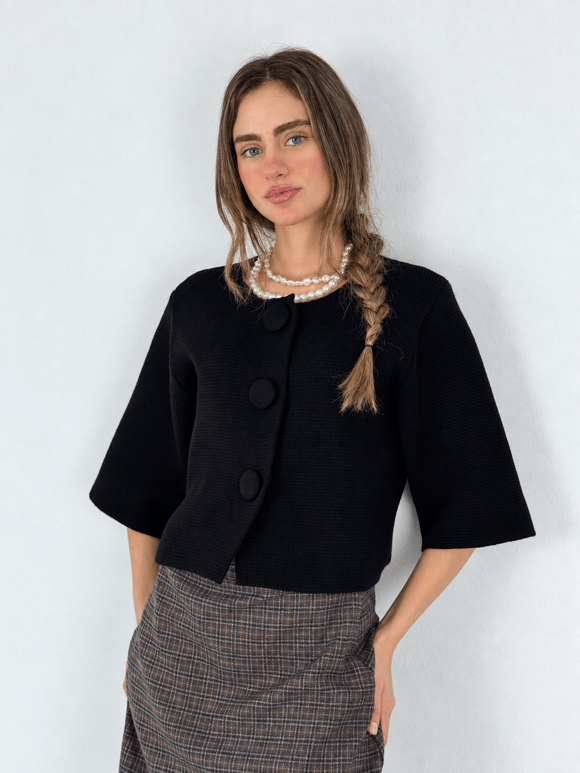 Retrobird Nellie Büyük Düğmeli Siyah Crop Triko Hırka