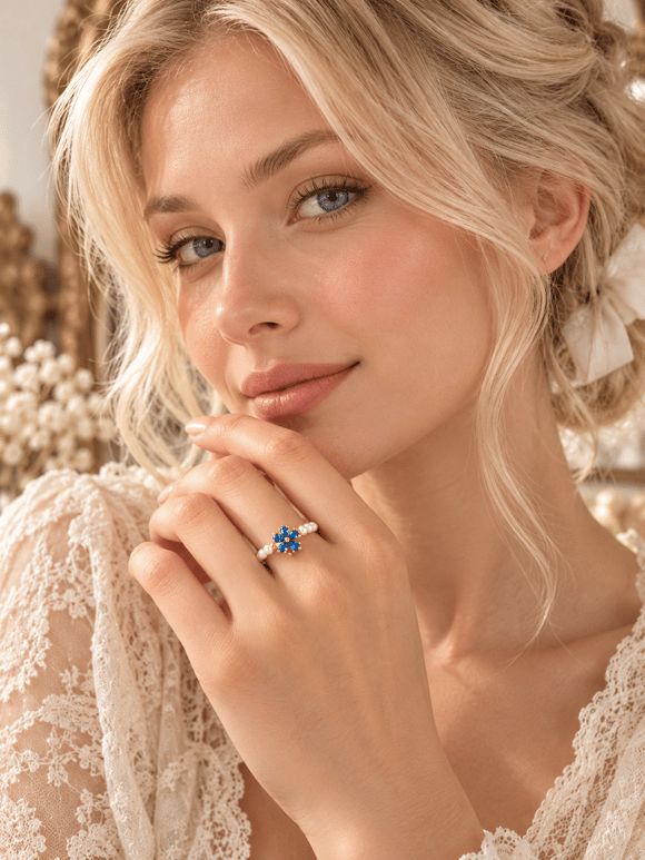 Retrobird Blue Flower Pearl Detailed Adjustable Vintage Ring