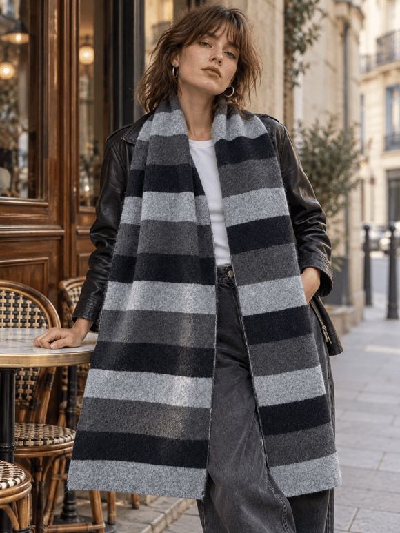 Retrobird Retro Çizgili Oversize Gri Unisex Triko Atkı