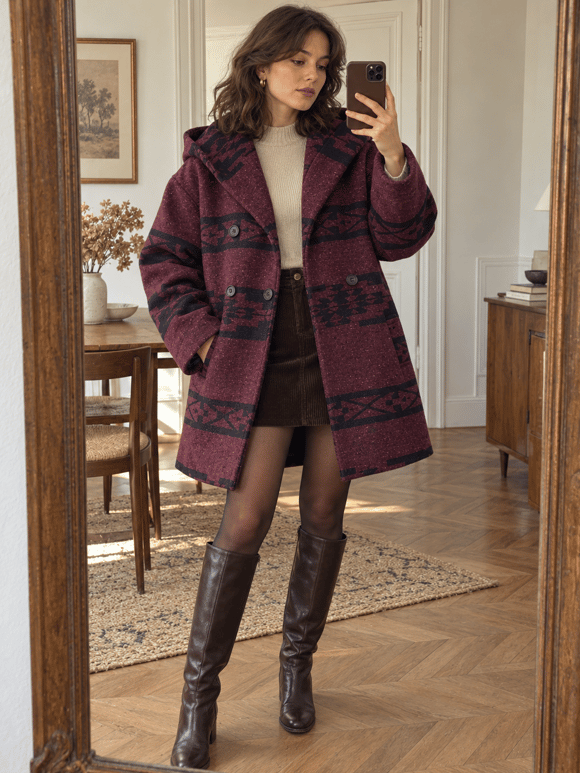 Retrobird Urban Retro Kapüşonlu Oversize Bordo - Siyah Ceket Kaban