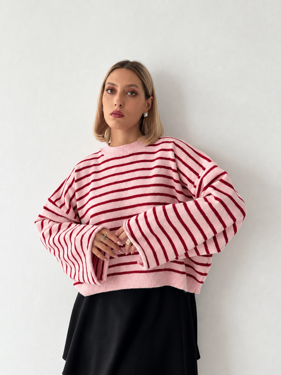 Retrobird Livia Oversize Çizgili Kırmızı - Pembe Triko Kazak