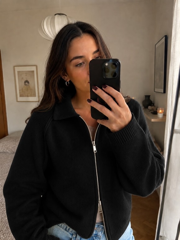 Retrobird Rosalie Oversize Polo Yaka Çift Fermuarlı Siyah Triko Hırka
