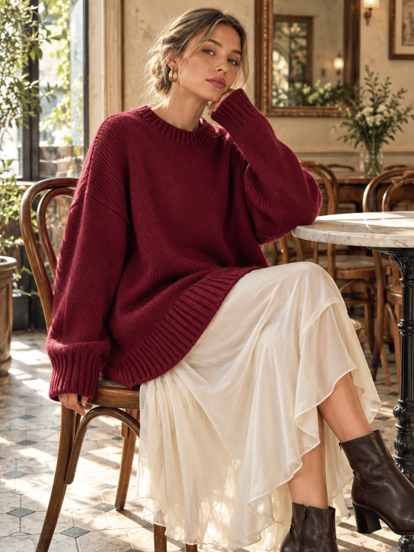 Retrobird Bess Oversize Bisiklet Yaka Bordo Basic Triko Kazak
