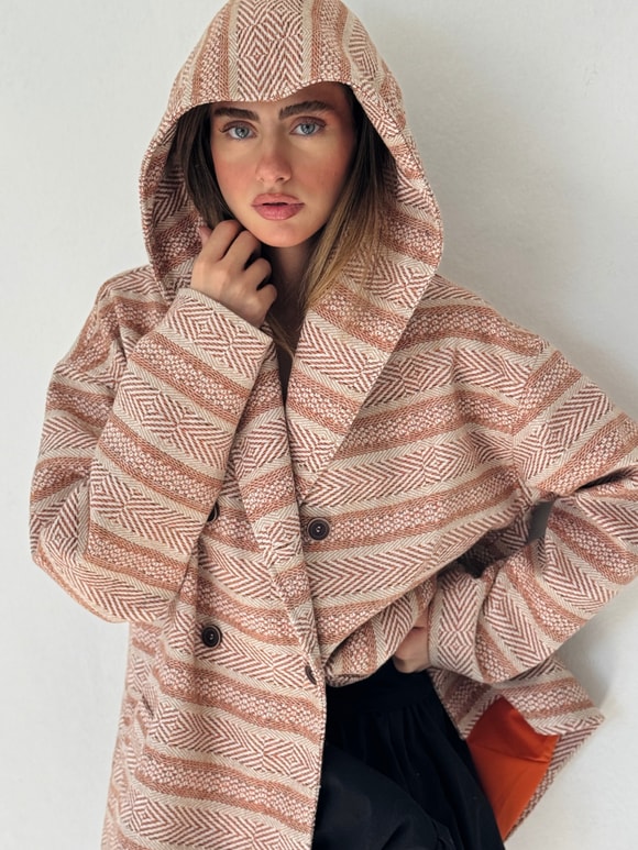 Retrobird Urban Retro Kapüşonlu Oversize Krem - Somon Ceket Kaban