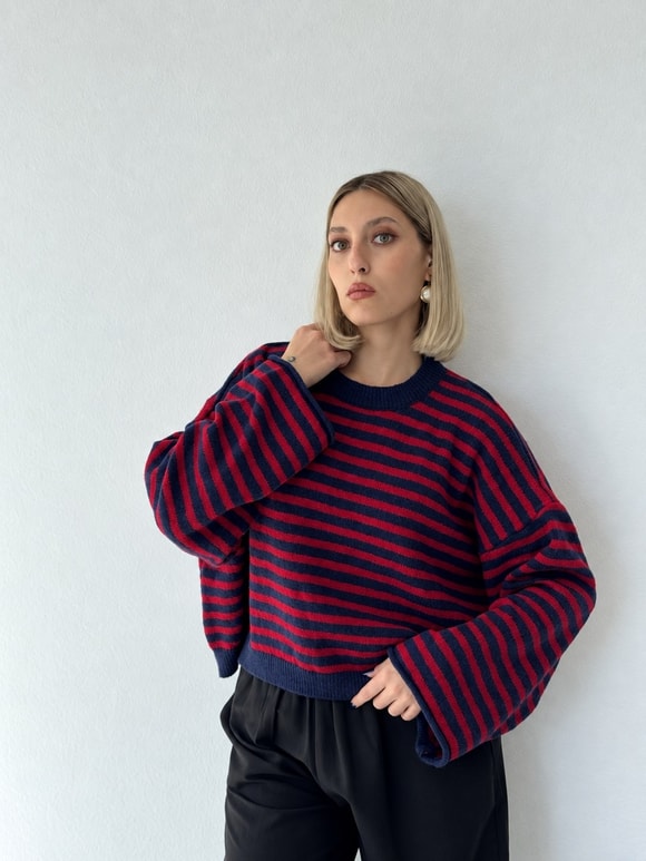 Retrobird Livia Oversize Çizgili Kırmızı - Lacivert Triko Kazak