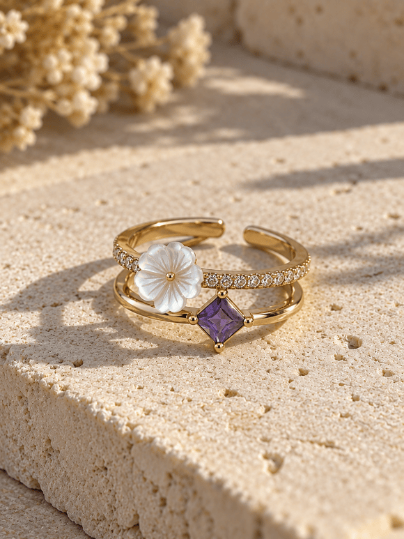 Retrobird Adjustable Vintage Ring with White Flower and Purple Stone Details
