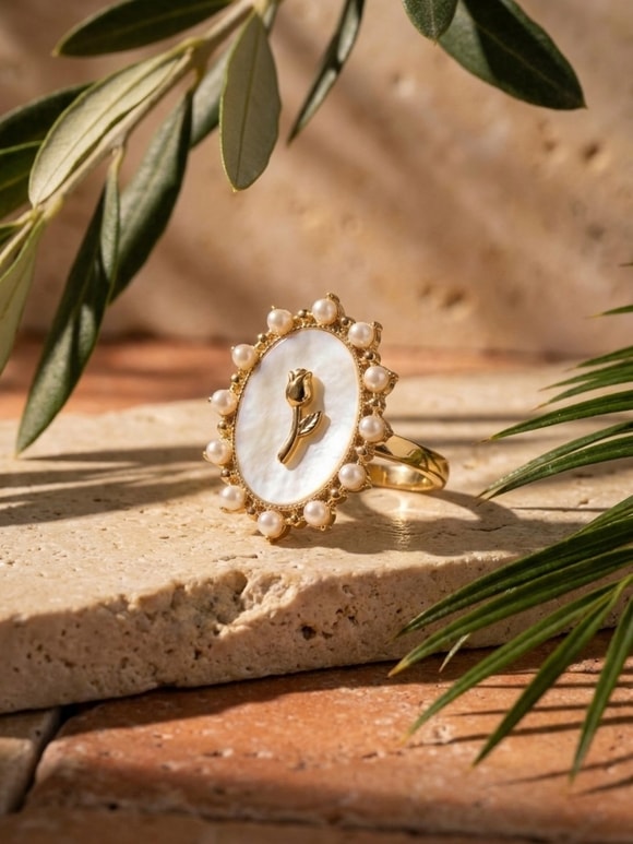 Retrobird Sedef Görünümlü Çiçek Detaylı Ayarlanabilir Gold Renkli Vintage Yüzük