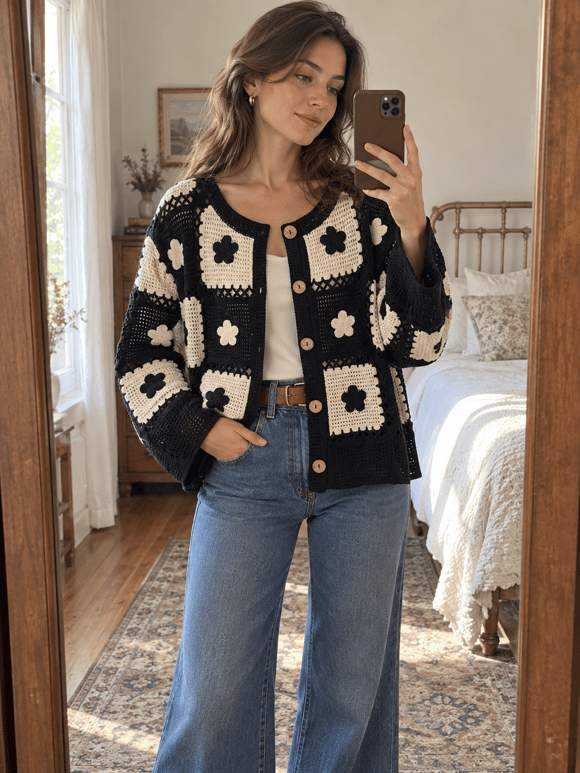Retrobird Lottie Çiçek Motifli Düğmeli Siyah Kroşe Hırka