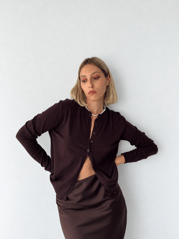 Retrobird Thea Bisiklet Yaka Kahverengi Basic İnce Triko Hırka