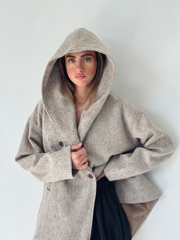 Retrobird Urban Retro Kapüşonlu Oversize Kırçıllı Krem Ceket Kaban