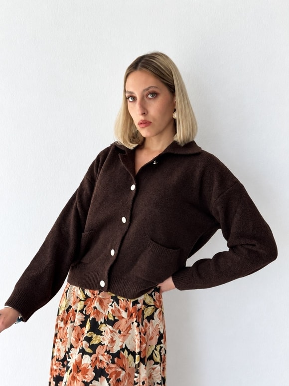 Retrobird Darcy Polo Yaka Cepli Kahverengi Triko Hırka