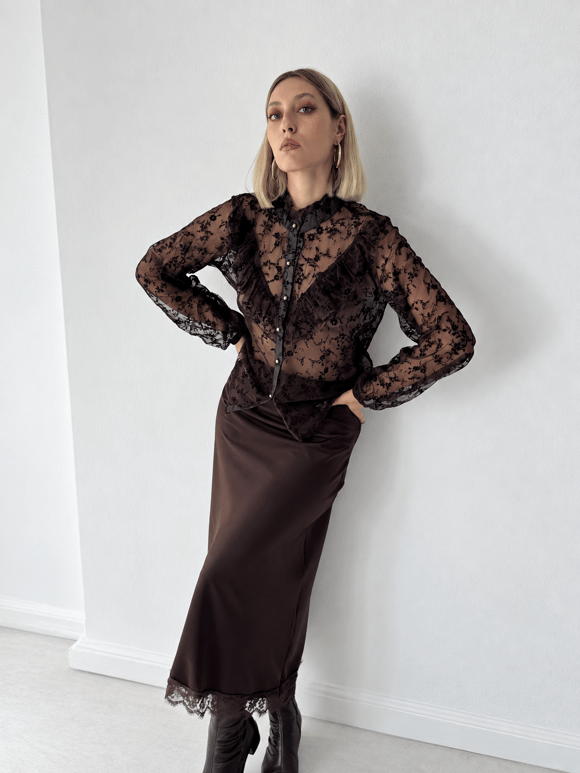 Retrobird Sylvie Dantel Detaylı Saten Kahverengi Midi Etek