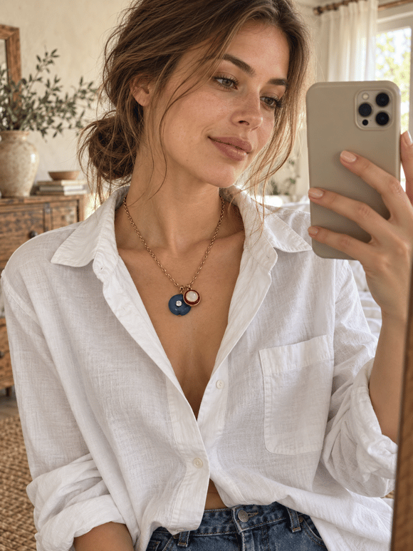Retrobird Solana Yuvarlak Renkli Charm Detaylı Koyu Mavi Zincir Kolye