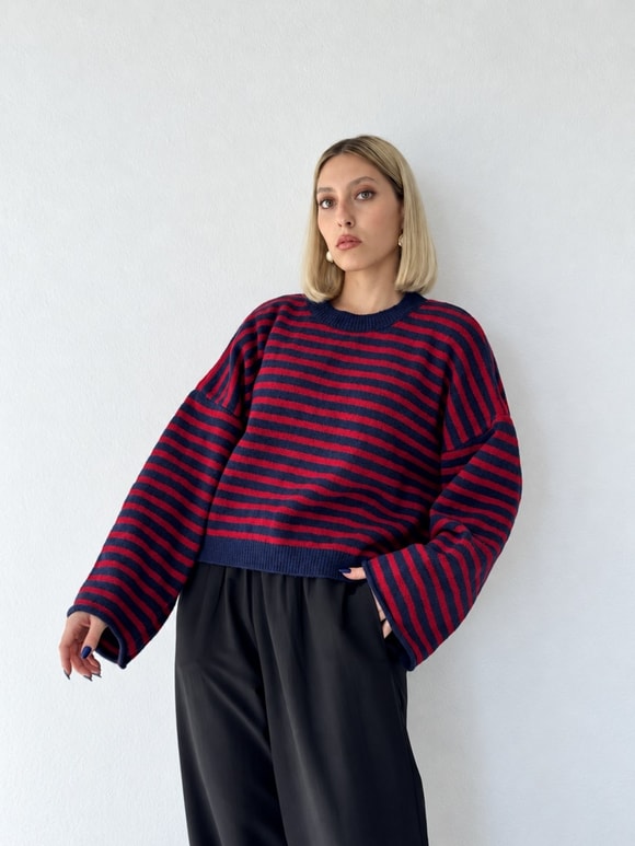 Retrobird Livia Oversize Çizgili Kırmızı - Lacivert Triko Kazak