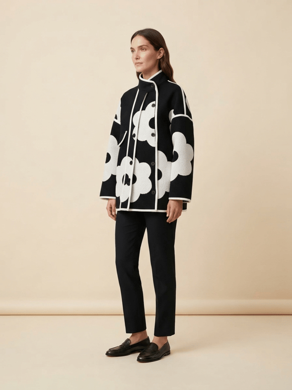 Retrobird Runa Çiçek Aplikeli Oversize Siyah Kaşe Ceket