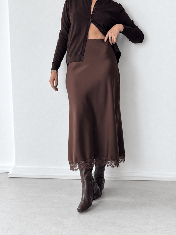Retrobird Sylvie Dantel Detaylı Saten Kahverengi Midi Etek
