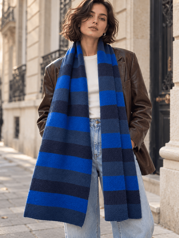 Retrobird Retro Çizgili Oversize Saks Mavi Unisex Triko Atkı