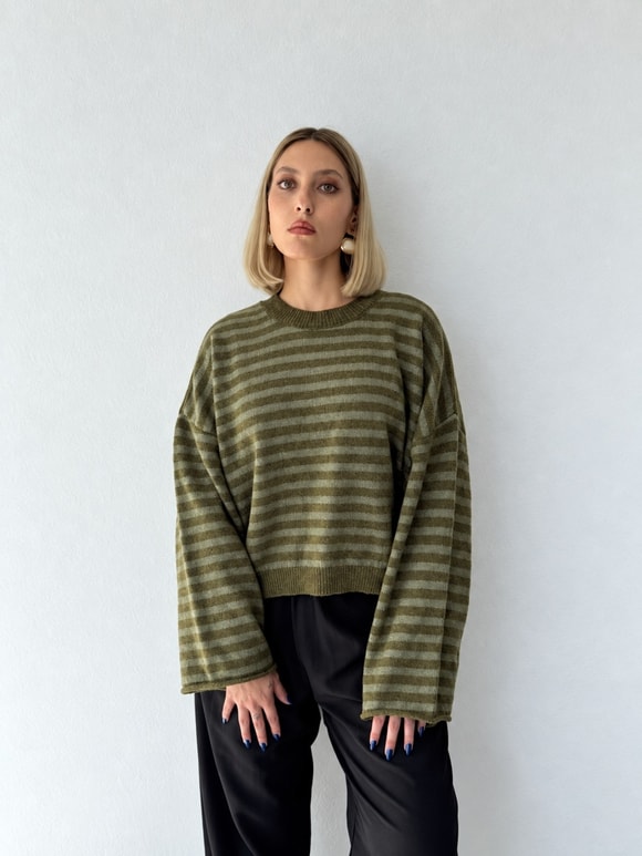 Retrobird Livia Oversize Çizgili Yeşil Triko Kazak
