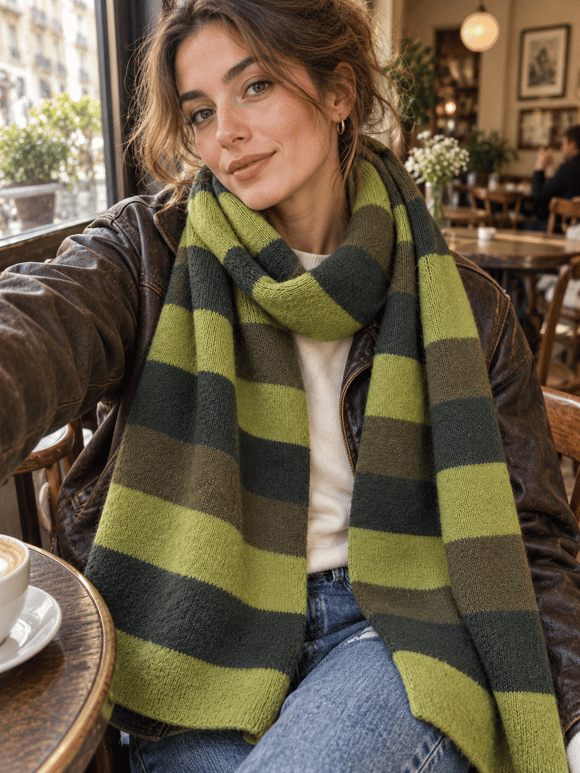 Retrobird Retro Çizgili Oversize Yeşil Unisex Triko Atkı