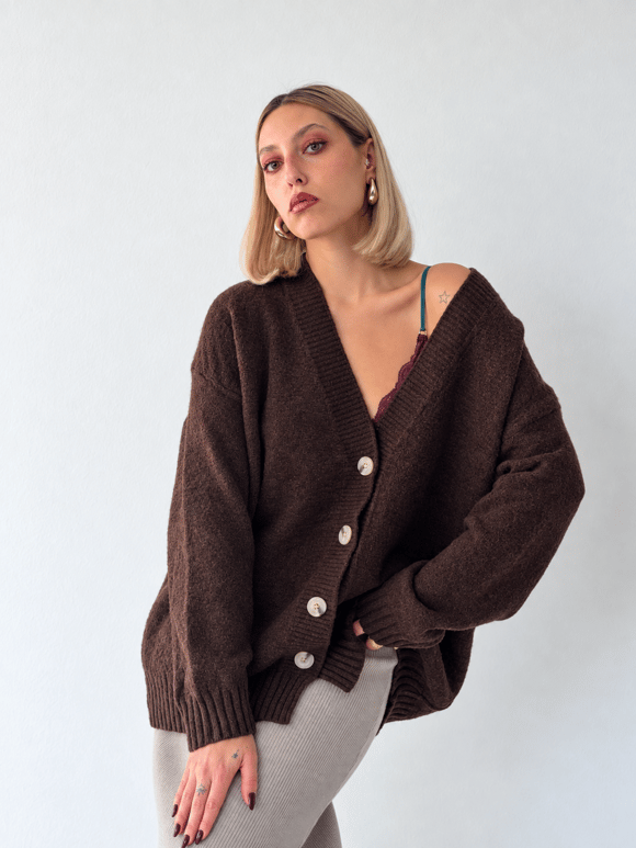 Retrobird Doris Oversize V Yaka Düğmeli Kahverengi Triko Hırka