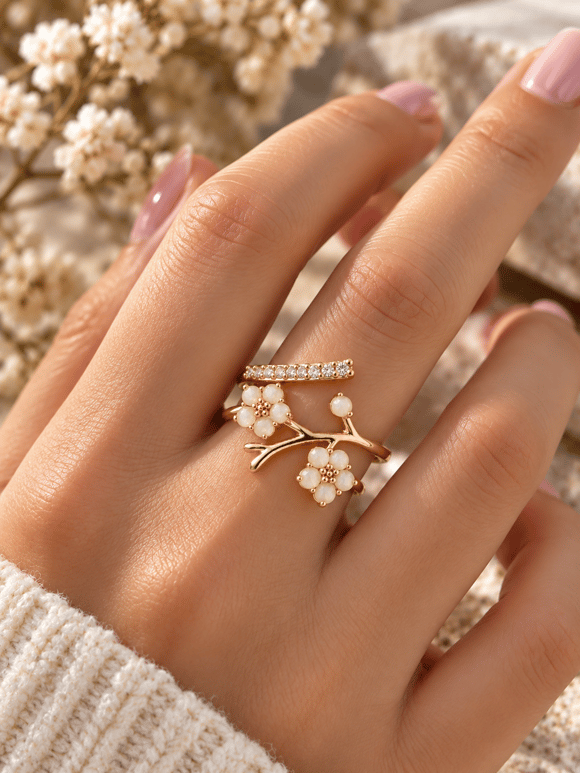Retrobird Adjustable Cream Flower Branch Vintage Ring