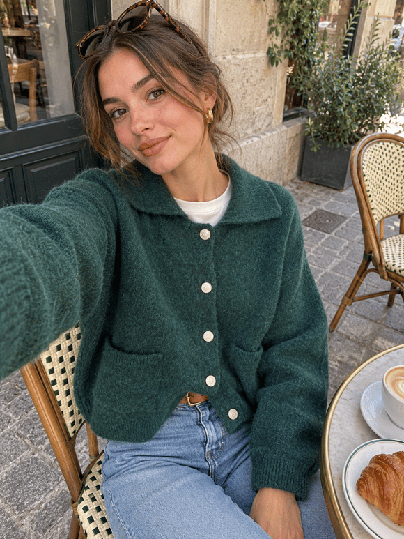 Retrobird Darcy Polo Yaka Cepli Koyu Yeşil Triko Hırka