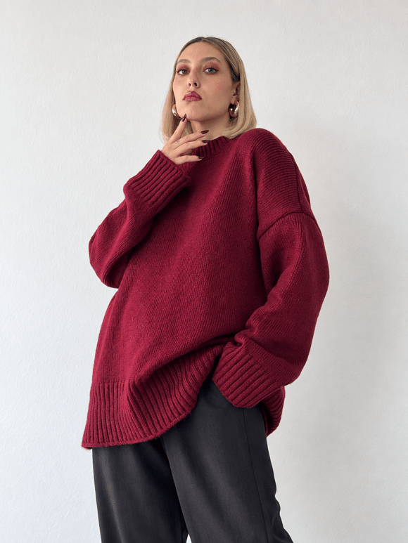 Retrobird Bess Oversize Bisiklet Yaka Bordo Basic Triko Kazak