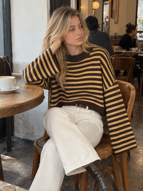 Retrobird Livia Oversize Çizgili Sarı - Kahve Triko Kazak