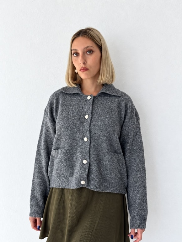 Retrobird Darcy Polo Yaka Cepli Gri Triko Hırka