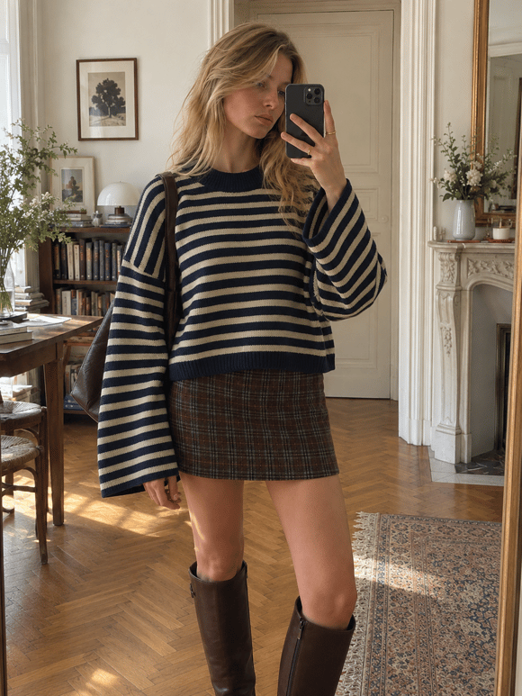Retrobird Livia Oversize Çizgili Lacivert - Taş Triko Kazak