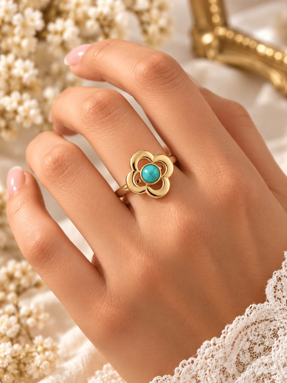 Retrobird Turquoise Stone Detailed Flower Design Adjustable Vintage Ring