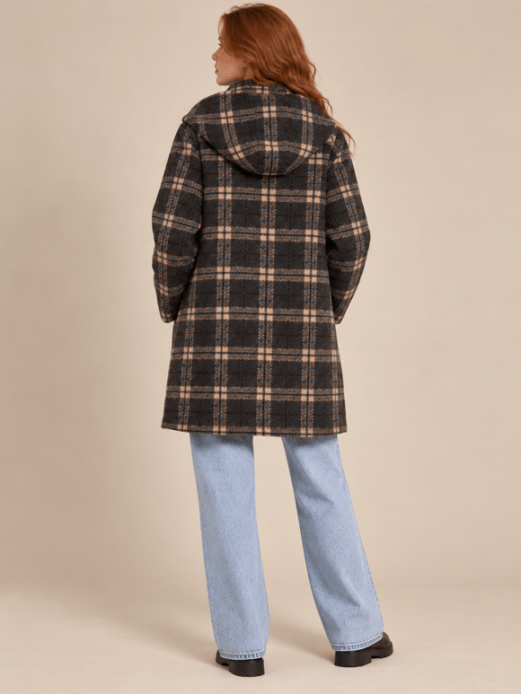 Retrobird Urban Retro Kahve Bej Ekose Kapüşonlu Oversize Ceket Kaban