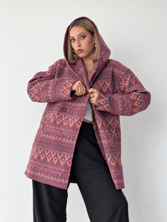 Retrobird Urban Retro Kapüşonlu Oversize Pembe Ceket Kaban