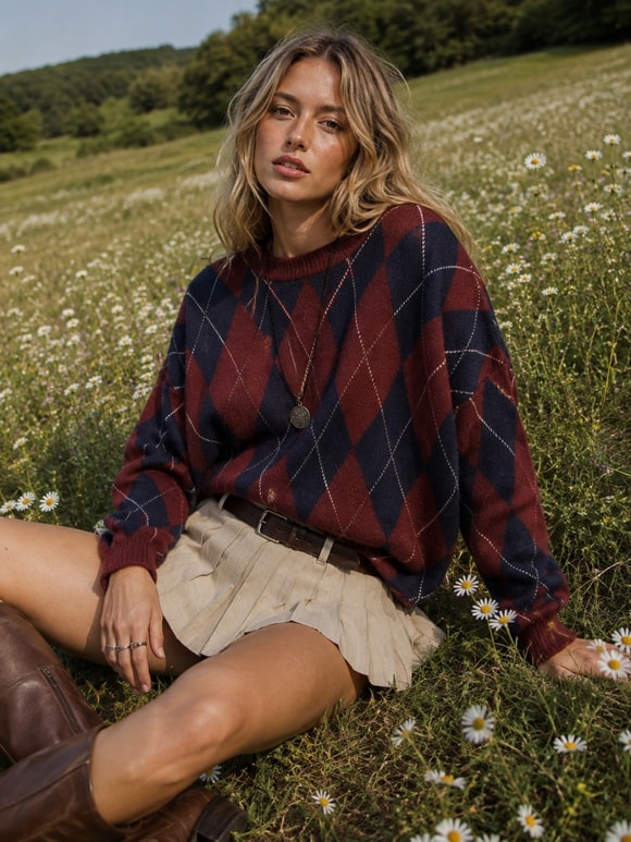 Retrobird Daphne Argyle Desenli Oversize Bordo - Lacivert Triko Kazak