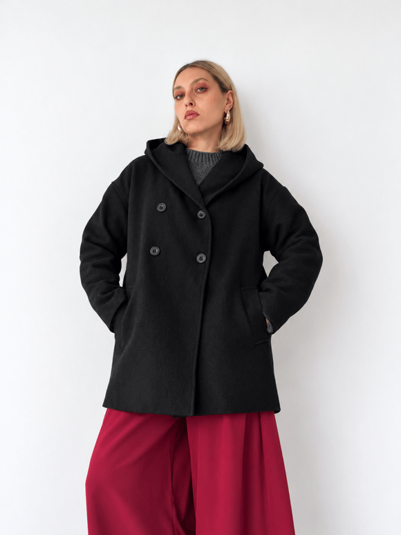 Retrobird Urban Retro Kapüşonlu Oversize Dokulu Kömür Renkli Kışlık Ceket Kaban