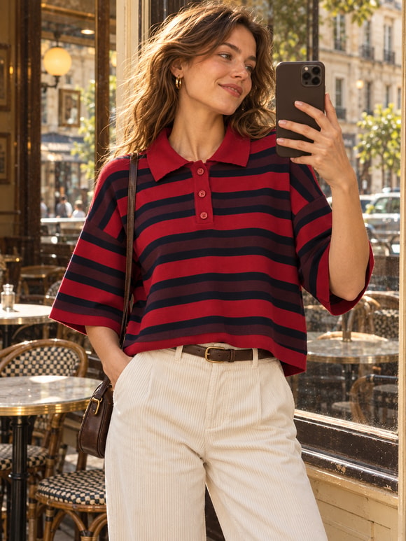 Retrobird Atelier Kısa Oversize Polo Yaka Kırmızı - Lacivert Çizgili Triko Kazak