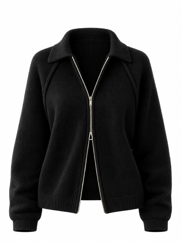 Retrobird Rosalie Oversize Polo Yaka Çift Fermuarlı Siyah Triko Hırka