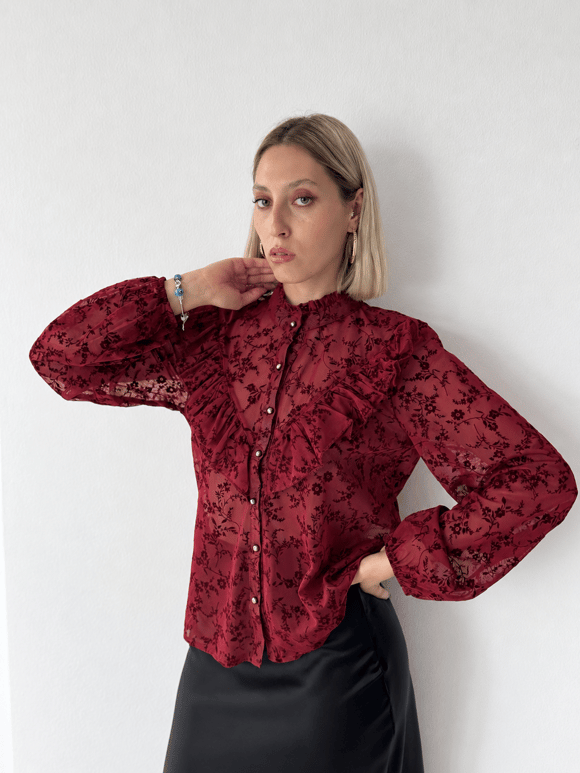 Retrobird Elodie Volanlı Dantel Hâkim Yaka Düğmeli Kırmızı Gömlek