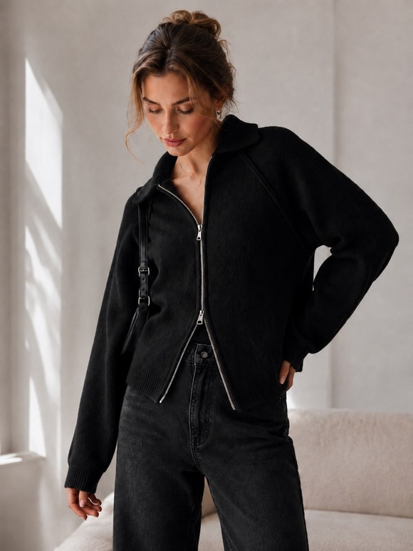 Retrobird Rosalie Oversize Polo Yaka Çift Fermuarlı Siyah Triko Hırka