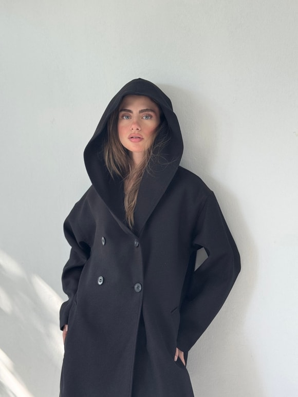 Retrobird Urban Retro Kapüşonlu Oversize Siyah İnce Ceket