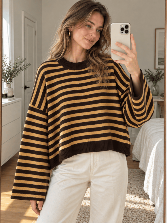 Retrobird Livia Oversize Çizgili Sarı - Kahve Triko Kazak