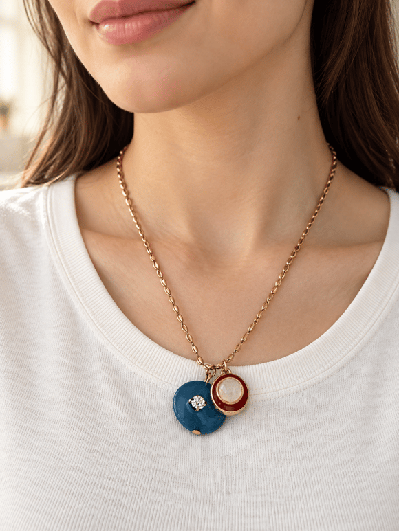 Retrobird Solana Yuvarlak Renkli Charm Detaylı Koyu Mavi Zincir Kolye