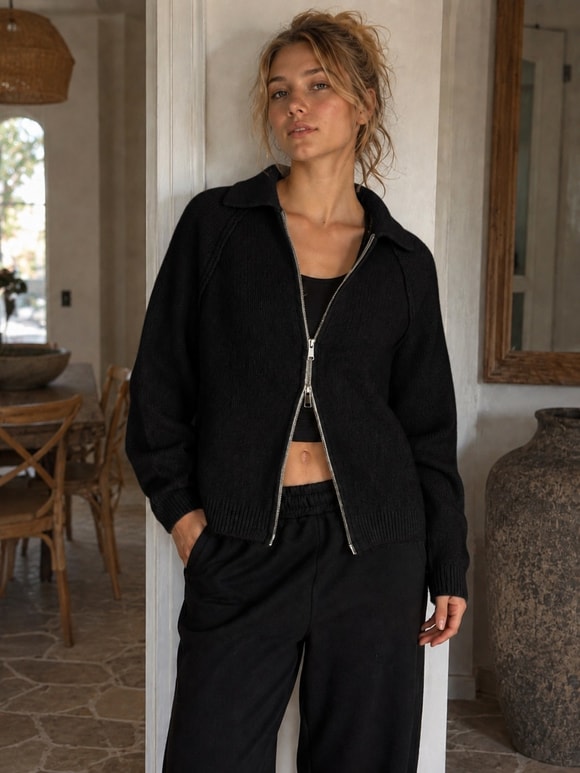 Retrobird Rosalie Oversize Polo Yaka Çift Fermuarlı Siyah Triko Hırka