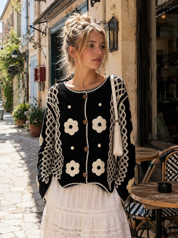 Retrobird Tilly Kontrast Çiçek Motifli Düğmeli Siyah Beyaz Kroşe Hırka
