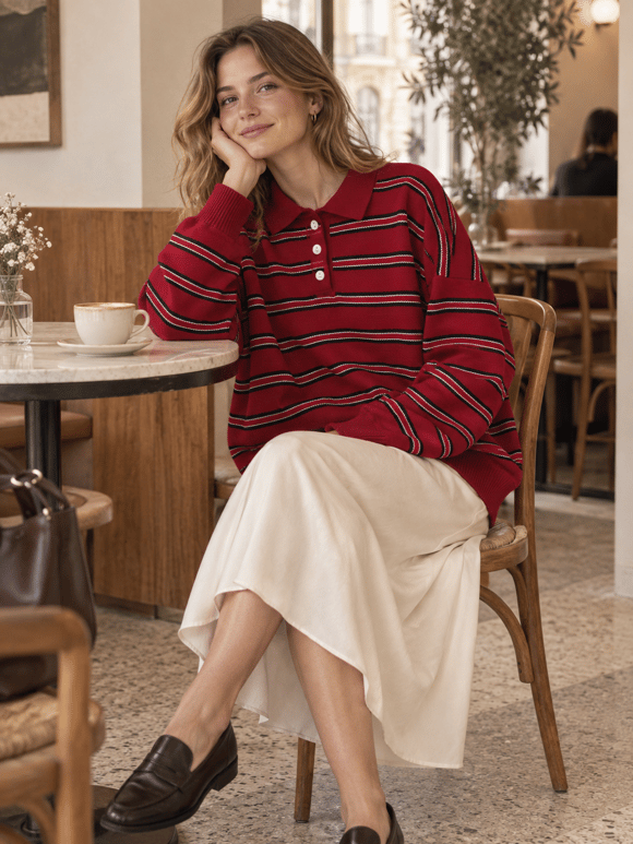Retrobird Sadie Çizgili Oversize Polo Yaka Kırmızı Triko Kazak
