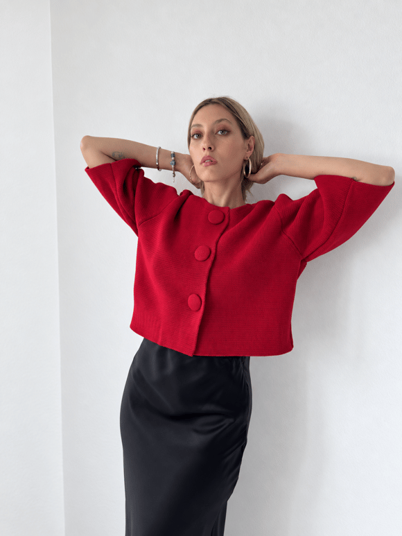 Retrobird Nellie Büyük Düğmeli Kırmızı Crop Triko Hırka