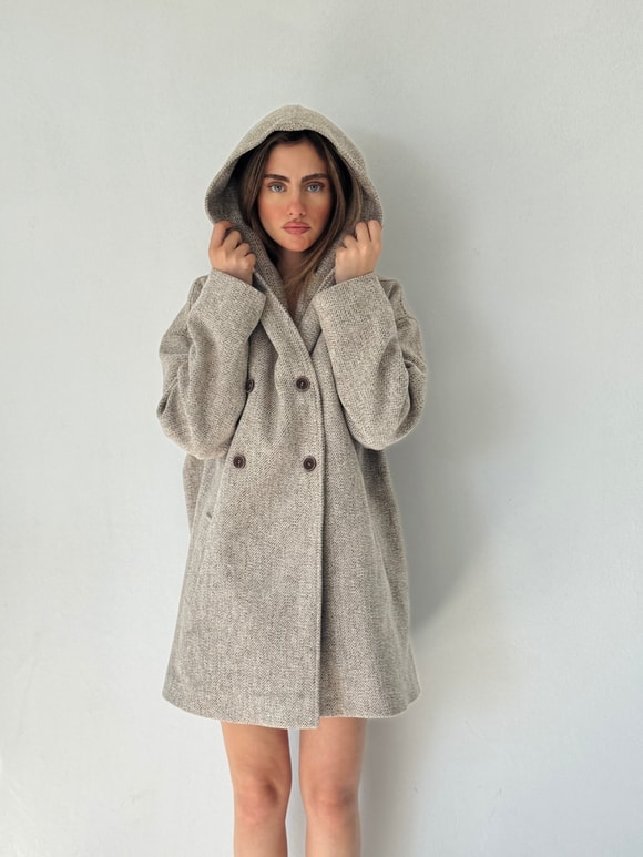 Retrobird Urban Retro Kapüşonlu Oversize Kırçıllı Krem Ceket Kaban