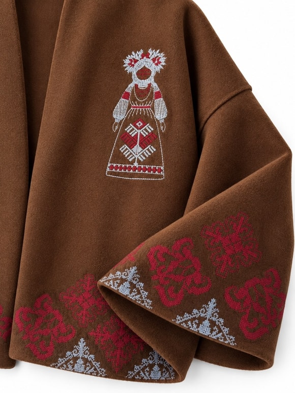 Retrobird Runa Etnik Nakışlı Oversize Kahverengi Kaşe Ceket