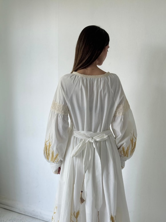 Retrobird Celine Nakışlı Kuşaklı Uzun Krem - Sarı Elbise